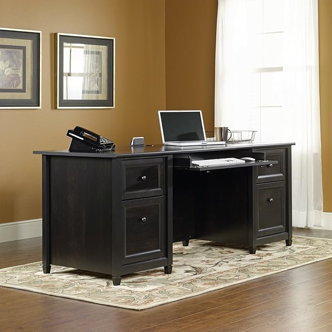 Sauder Edge Water Executive Desk Double Ped Desks Roomy Workspace - Estate Black Finish