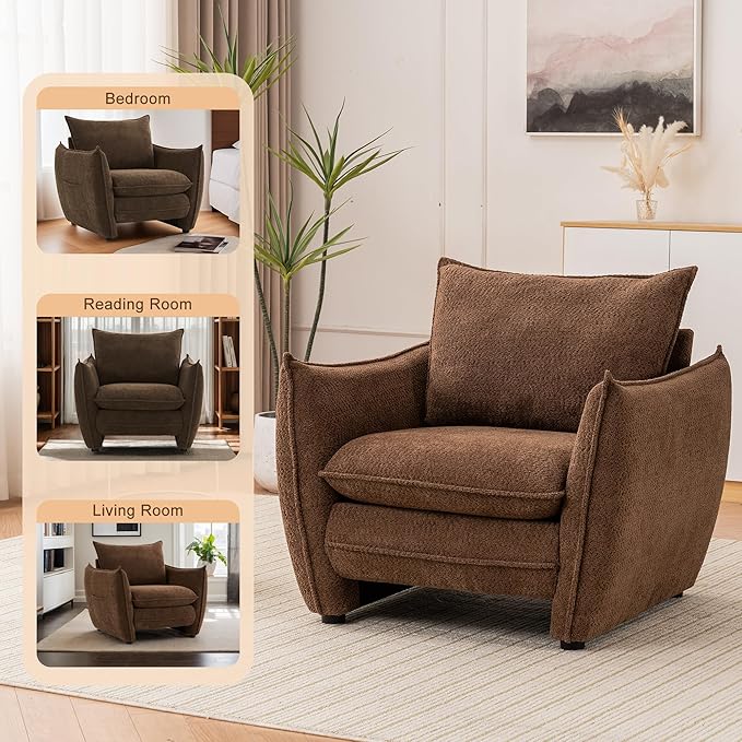 Oversized Accent Chair Modern Single Sofa Cloud Chair with Removable Pillow Deep Seat Comfy Armchair for Living Room Bedroom Reading Nook - Upholstered Lounge Chair (Brown)