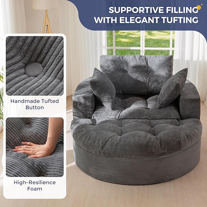 MAXYOYO Modular Sectional Chaise Lounge Sofa Round Upholstered Lounge Chair with Ottoman Comfy Couch with Layered Cushion Tufted Sleeper Chair for Living Room No Assembly Dark Grey