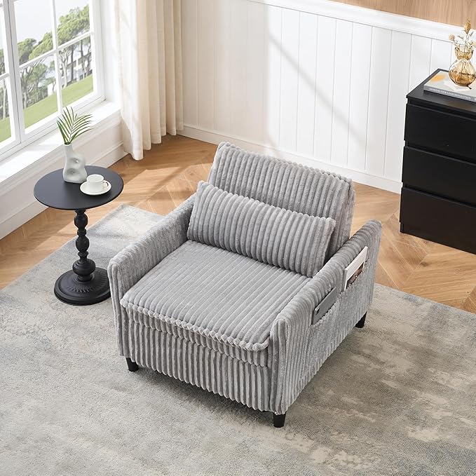 3-in-1 Convertible Sofa Chair BedPull Out Couch Single Sleeper Chair Bedwith Adjustable Backrest with Side Pockets Lounge Sofa for Living Room Bedroom Small Spaces (Gray)