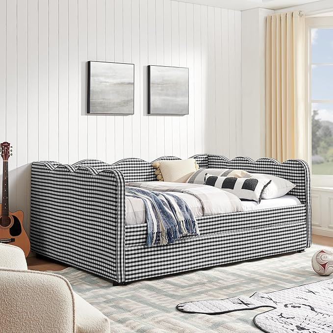 Cozy Gingham Daybed with Trundle Twin Size Sofa Bed No Box Spring Needed with USB Port and Adorable Wave Shaped Linen Fabric Navy (Full+Black)