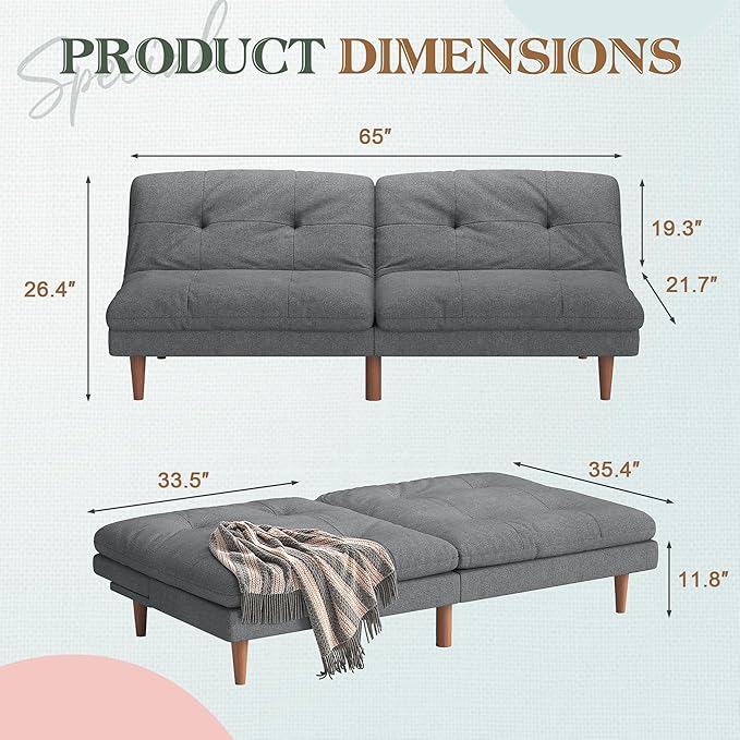 Furmax Futon Sofa Bed Modern Linen Couch Convertible Folding Futon Reclining Sleeper Sofa Couch for Small Space Apartment Loveseat with Adjustable Backrest (Dark Grey)