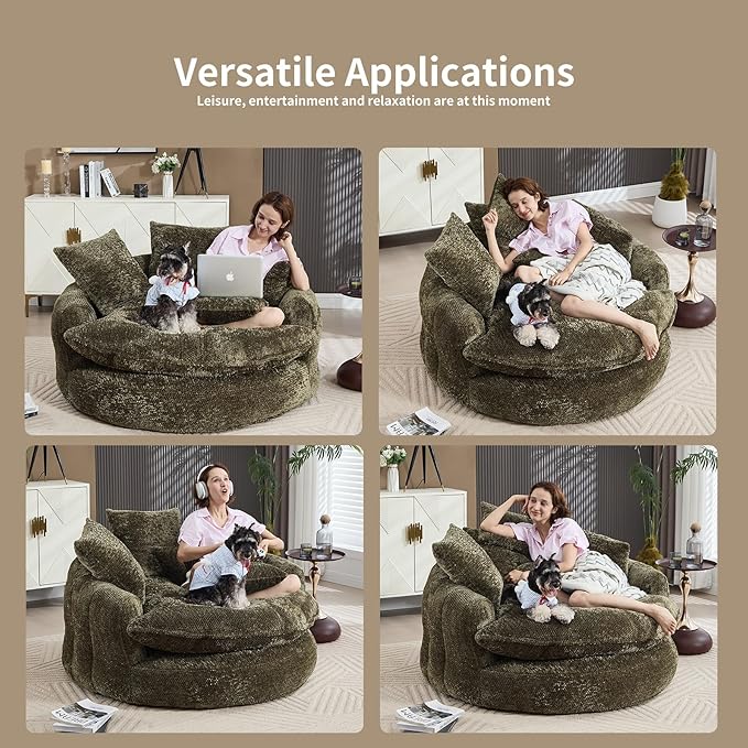 55 inch Oversized Round Chair Fluffy Chenille Boneless Sofa with Extra Deep Seat for Living Room Lounge (Olive Green)