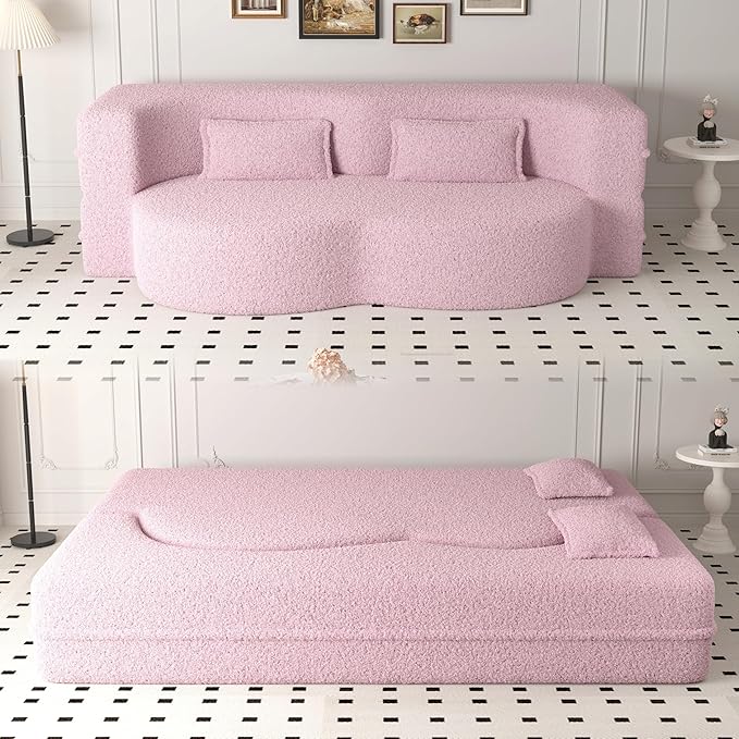 2 in 1 Folding Sofa Bed with 2 Pillows Teddy Fabric Foam-Filled Convertible Sleeper Sofa Floor Couch Full Mattress for Living Room Guestroom No Assembly Required Sofa Bed Pink