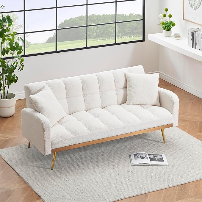 69 Convertible Sofa Bed with Two Throw Pillows Suitable for Living Room Bedrooms Offices Beige