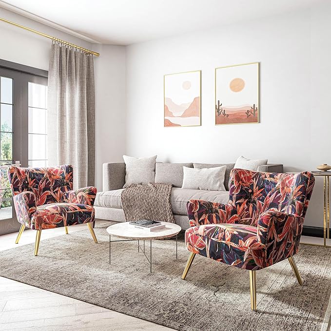 BELLEZE Modern Accent Chair High Back Floral Pattern Armchair with Metal Legs Upholstered Wingback Single Chair for Living Room Bedroom Office [Set of 2] - Holland (Red Floral)
