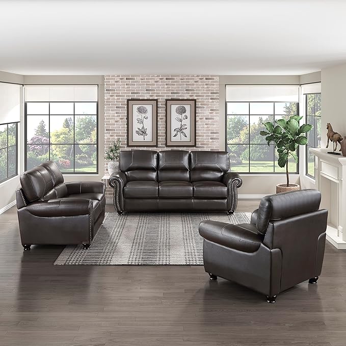Lexicon Leather Match Couch for Living Room with Wood Frame Rolled Armrest &amp Nailhead Trim Top Grain Leather Match Sofa for Bedroom Office Waiting Room 2-Seater Loveseat Dark Brown