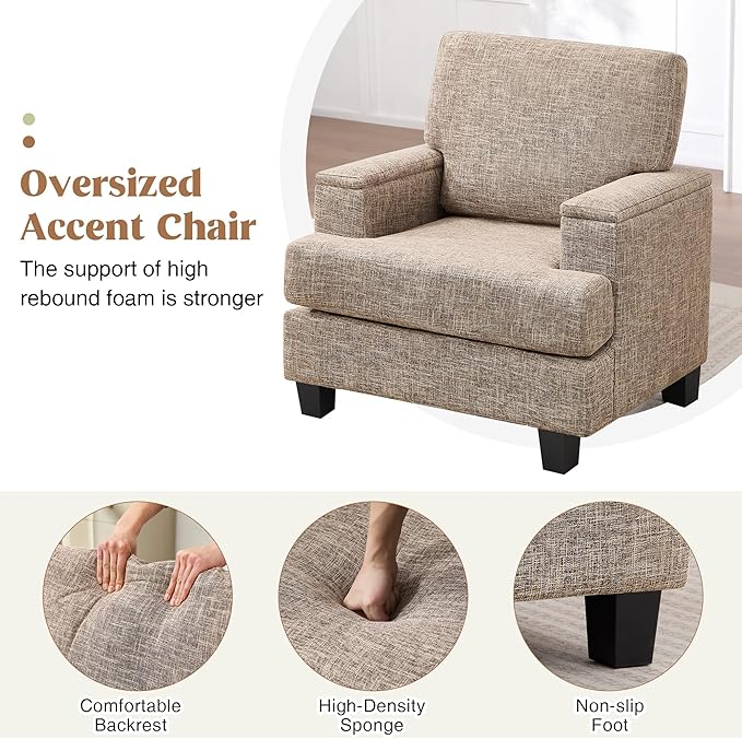 Accent Chairs Set of 2 with Armrest Storage Modern Upholstered Reading Living Room Chairs Comfy Large Armchairs Fabric Single Sofa Chair for Bedroom (Yellowish Brown)