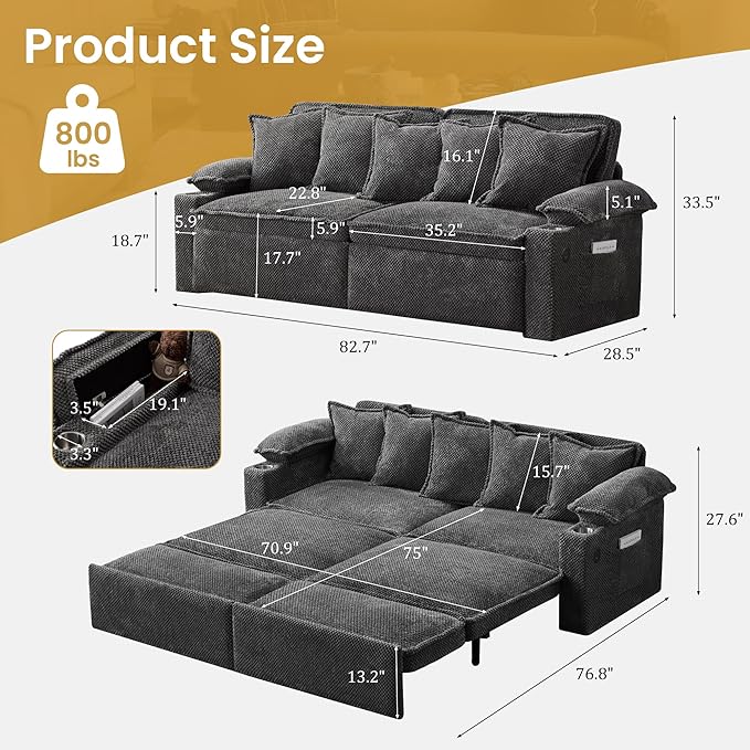 82.7’’ King Size Pull Out Sofa Bed 3 in 1 Convertible Sleeper Sofa Bed with Futon Sofa  Chenille Loveseat Couch Bed with USB and Storage Pockets for Living RoomBedroom Pet-Friendly (Dark Gray)