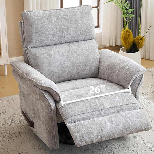 Oversized Glider Rocker Recliner 26 Extra Wide 360° Swivel Nursery Recliner with Adjustable Headrest Chenille Rocking Nursery Chair with Overstuffed Armrest Lumbar Support Light Grey