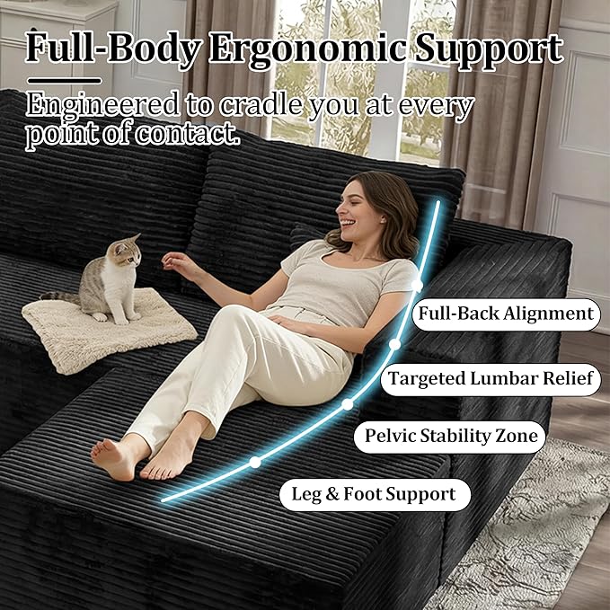 92.5'' U-Shaped Cloud Modular Sectional Sofa Modern High Back Corduroy Couch with Right Facing Chaise Lounge &amp Ottoman Upholstered Boneless Deep Seat Plush Sofa No Assembly Needed for Home Bl