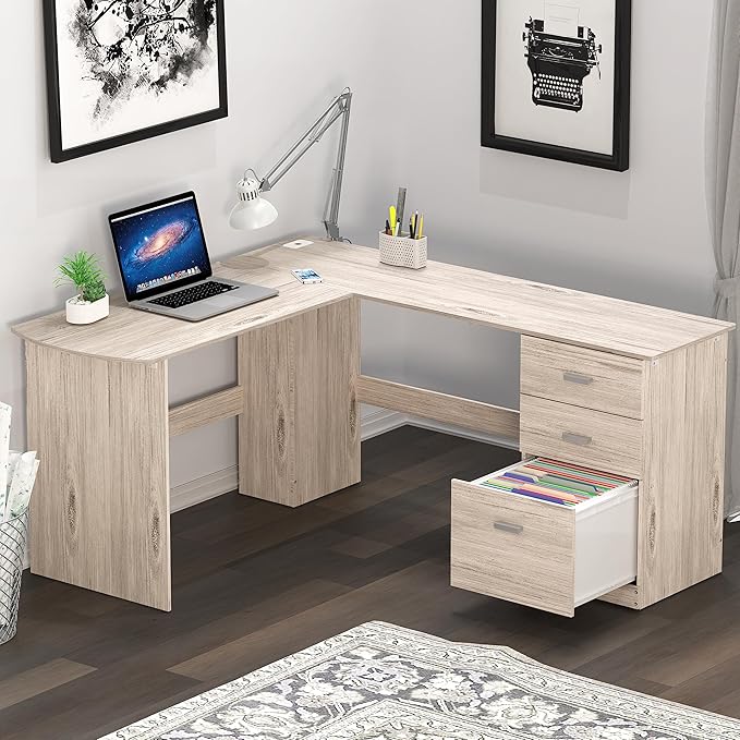 SHW 51 x 59 Inches L-Shaped Home Office Wood Corner Desk with Box Box File Drawers Maple