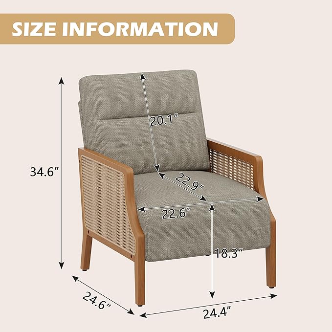 Aklaus Mid Century Accent Chair Set of 2 with Rattan Armrest Upholstered Living Room Chairs Lounge Fabric Reading Chairs Side Sitting Farmhouse Chair for Living Room Bedroom Balcony Grayish Brown