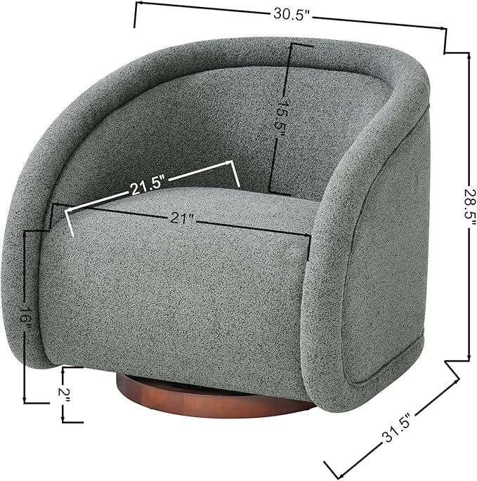 Scott Living Sabbo Green Bouclé Swivel Chair with Walnut-Finished Solid Wood Base Comfy Swivel Accent Chair Upholstered Lounge Sofa Chair for Living Room/Bedroom Gray Green + Walnut