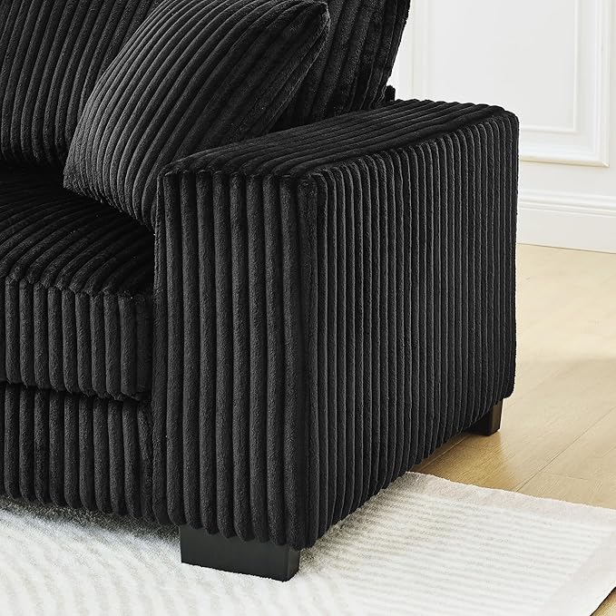 Corduroy Tufted Upholstered Sleeper Sectional Sofa L-Shaped Modular Convertible Sofa The arc-Shaped Footstool can be Placed Freely on The Left and Right (Black + Foam + 3 Seat)
