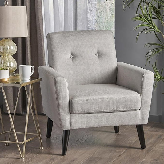 Christopher Knight Home Azhhc Vintage Club Chair Comfy Upholstered Fabric Living Room Accent Chair with Button Tufting Solid Birch Wood Legs for Living Room Office 34.5 H Light Gray