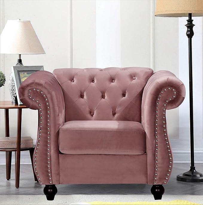 Feinstein Modern Velvet Chesterfield Couches for Living Room with Nailheads Diamond Tufting &amp Durable Metal Frame Chair Rose