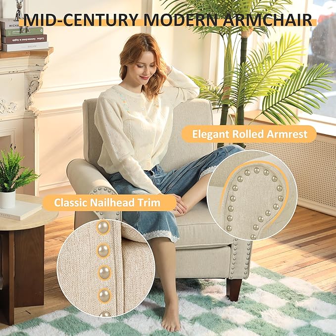 PrimeZone Comfy Accent Chair Set of 2 Mid-Century Modern Fabric Living Room Chair Reading Chair with Soft Cushion Nailhead Trim &amp Rolled Armrest Arm Chair Sofa Chair for Bedroom Waiting RoomBe