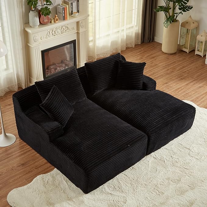 Oversized Double Chaise Lounge Loveseat Cozy Cloud Couch Fluffy Corduroy Upholstered Sleeper Sectional Sofa Lounger Daybed with Throw Pillows and Wide Armrest for Living Room No Assembly Required