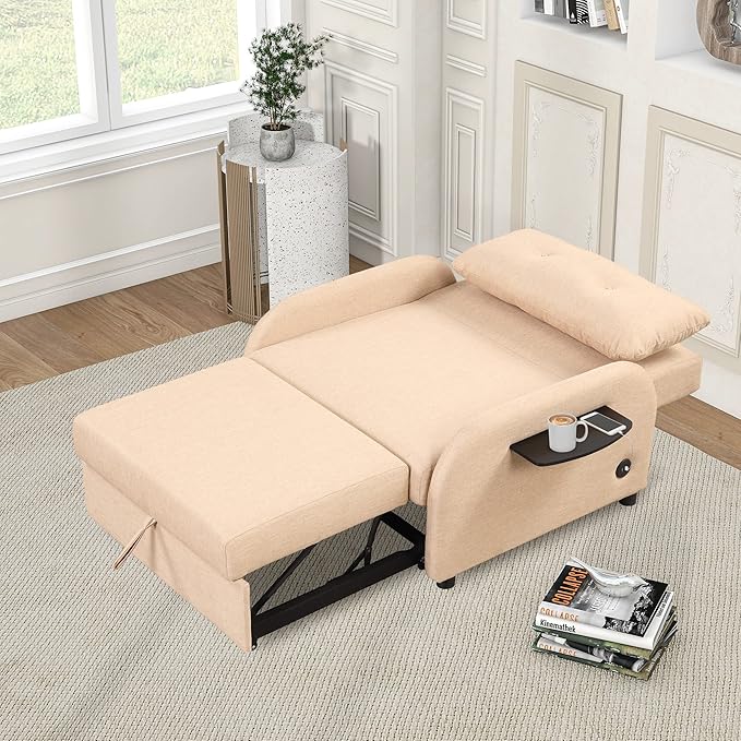 Merax 42.9W 3-in-1 Convertible Sofa Bed Sleeper with Wing Tables &amp USB ChargingCompact Pull Out Bed with 3 Positions(105°/145°/180°) Adjustable Backrest for Small Space Living RoomGuest ReadyB