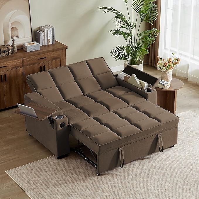 66 Multi-Functional Pull-Out Sofa Bed with Hidden Side Table Storage Armrests Built-in Charging Port Spring Mattress Solid Wood Frame – Ideal for Small Spaces Easy Assembly