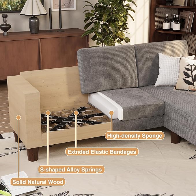 VICTONE Convertible Sectional Sofa Couch 3 Seat L-Shaped Sofa with Linen Fabric Ottoman Small Couch for Small Apartments Living Room and Office (Corduroy Gray)
