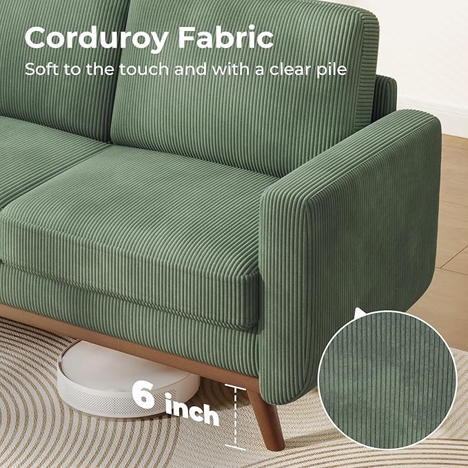 Vesgantti 68 Loveseat Sofa - Green Comfy Corduroy with Spring Cushion Solid Wood Frame Modern Deep Seat Bedroom &amp Living Room Office Couch