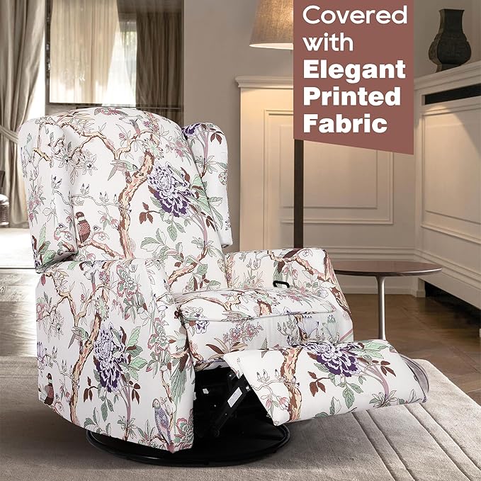 Swivel Rocker Recliner Chair with Patterned Fabric 360° Swivel &amp Gentle Rocking Motion Wingback Reclining Chair for Adults Living Room Accent Rocker Armchair with Push-Back Recline (Print)
