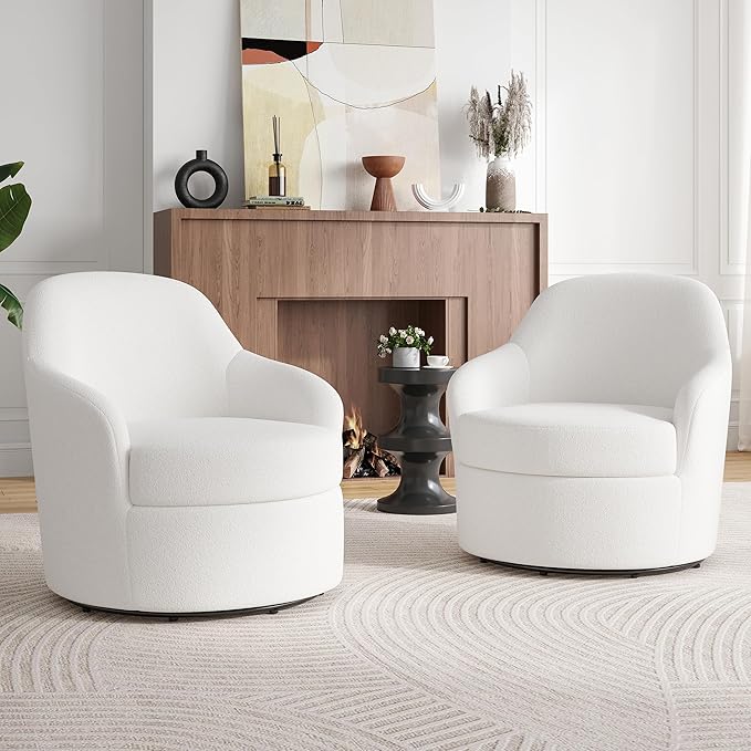 Swivel Accent Chairs Set of 2 Upholstered Barrel Chairs with Washable Detachable Cover Living Room Chairs with Solid Mental Base Round Chairs for Living Room Bedroom Teddy (White)