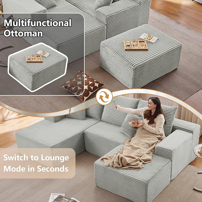 107 Modular Sectional Sofa with Ottoman Modern Corduroy Cloud Couch with Deep Seat Boneless Couch Upholstered 3-Seater U-Shaped Sofa for Living Room No Assembly (Grey Left-Facing Chaise)