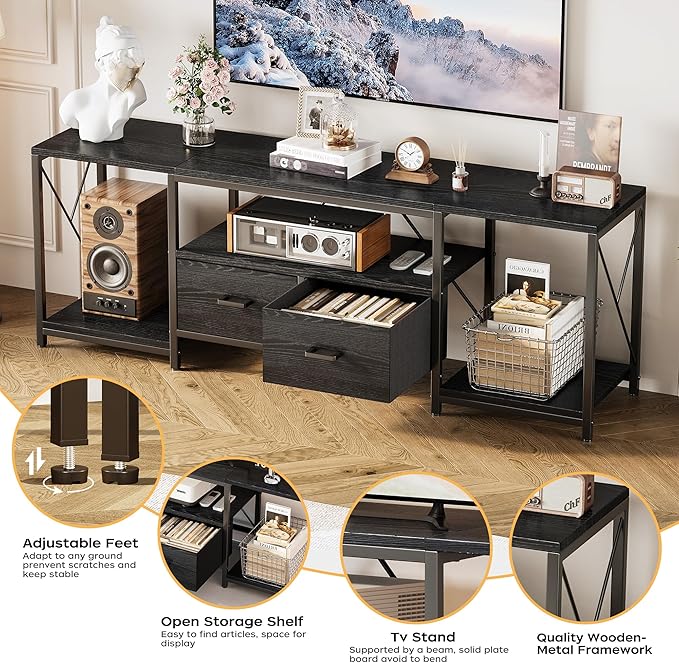 Homeiju TV Stand for TVs up to 75 Inch Entertainment Center with Fabric Drawers TV Media Console Table with Open Storage Shelves for Living Room Bedroom Black