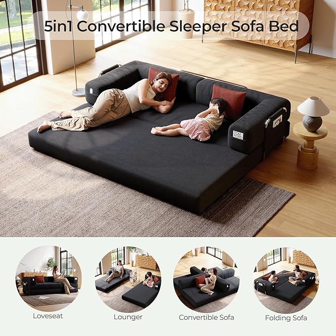 5-in-1 Folding Convertible Sofa Bed Loveseat Sleeper with Pull-Out Bed Floor Sofa Modular Futon Couch 79 Oversized Corduroy Upholstered Boneless Couch for Living Room Bedroom Lounge Grey-A