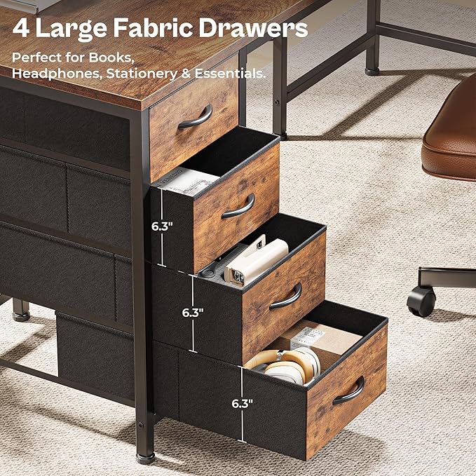 Huuger 55 Inch L Shaped Desk with Fabric Drawers Reversible Computer Gaming Desk with Power Outlets and USB-C Port Adjustable Side Storage Shelves for Work Study Corner Home Office Rustic Brown