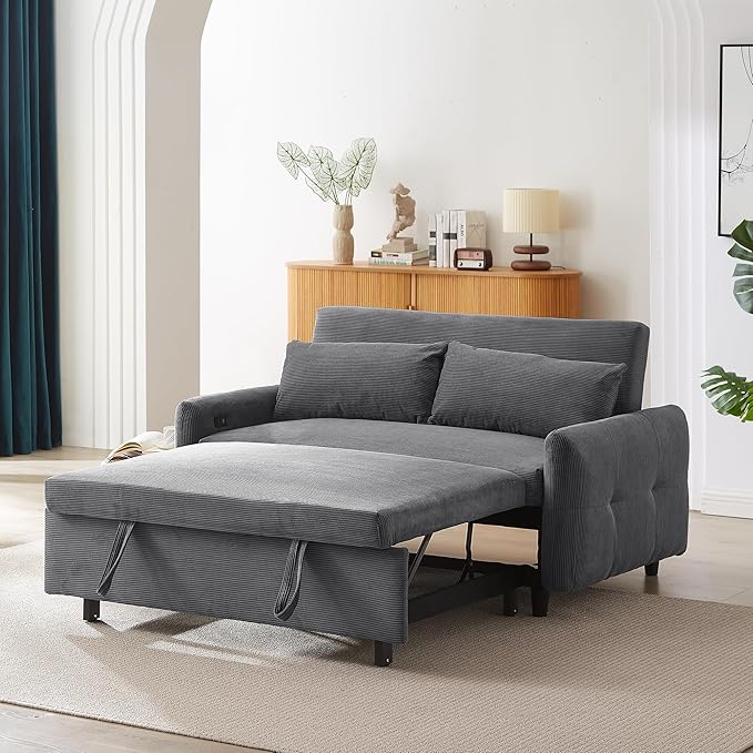 Merax 57.48 Loveseat Sofa Couch with Pull Out Bed 3 in 1 Convertible Corduroy Fabric Sleeper Sofa Bed with USB Ports and 2 Soft Pillows for Apartment Office Living Room (Drak Grey)