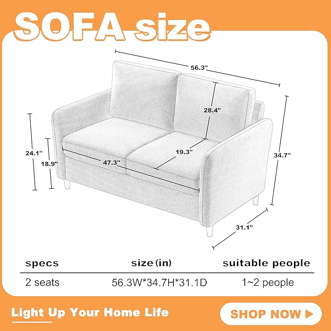Loveseat Sofa56 Love Seat with Storage SpaceModern Small Couches for Small SpacesCozy Couch and Loveseat Sets for Living Room2 Seater Couch for Bedroom(Light Gray 56.5''-2seat)