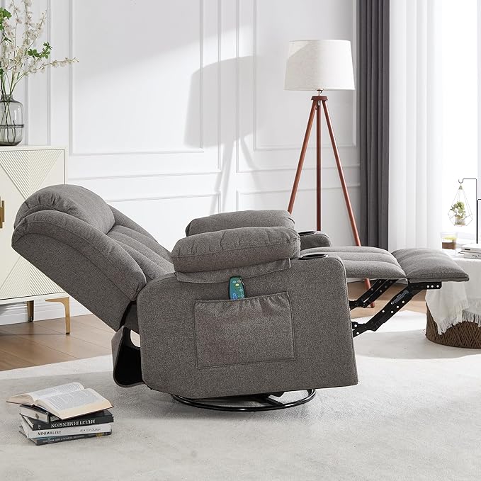 Rocker Swivel Recliner Chair for Adults Overstuffed Large Manual Recliner Glider with Massage and Heat Comfy Soft Fabric Living Room Reclining Sofa Chair (Smoked Gray)