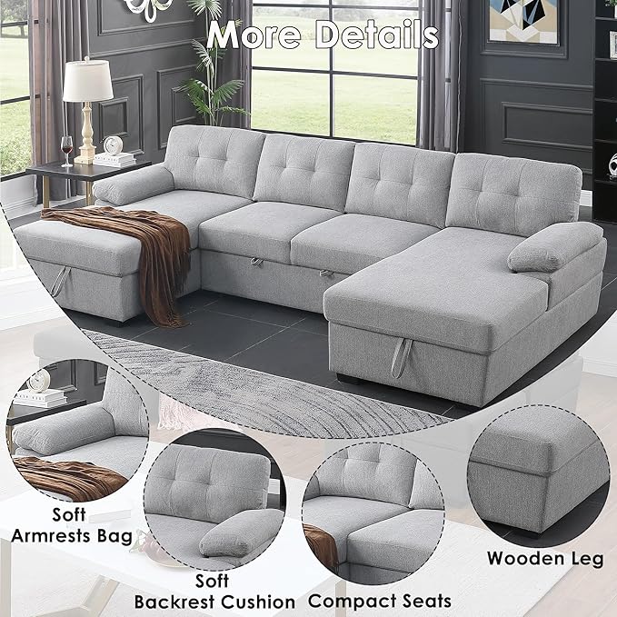 BEEY Sectional Sleeper Sofa 120 Oversized Couch Bed 4 Seat Sofa Bed U Shaped Sectional Couch with Pull Out Bed and Double Storage Chaise for Living Room Bedroom Light Grey
