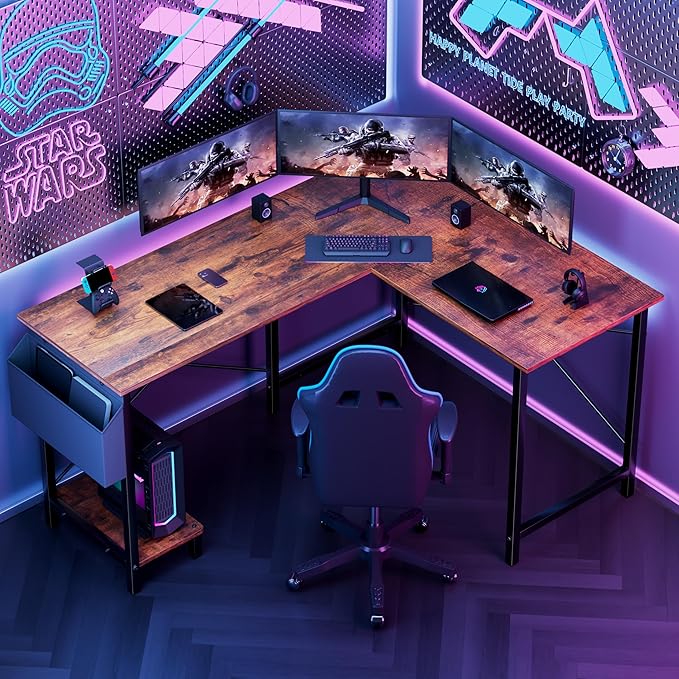 YSSOA 50 L Shaped Gaming Desk with Reversible Corner - Home Office Computer Desk with Wood Top Metal Frame CPU Stand &amp Storage Bag for Small Space Gaming Room Rust