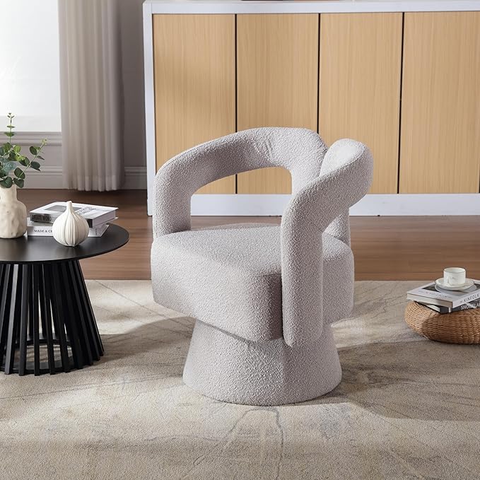 360 Degree Swivel Cuddle Barrel Accent Chairs Round Armchairs with Wide Upholstered Fluffy Fabric Chair for Living Room Bedroom Office Waiting Rooms (Light Gray Boucle) KO385
