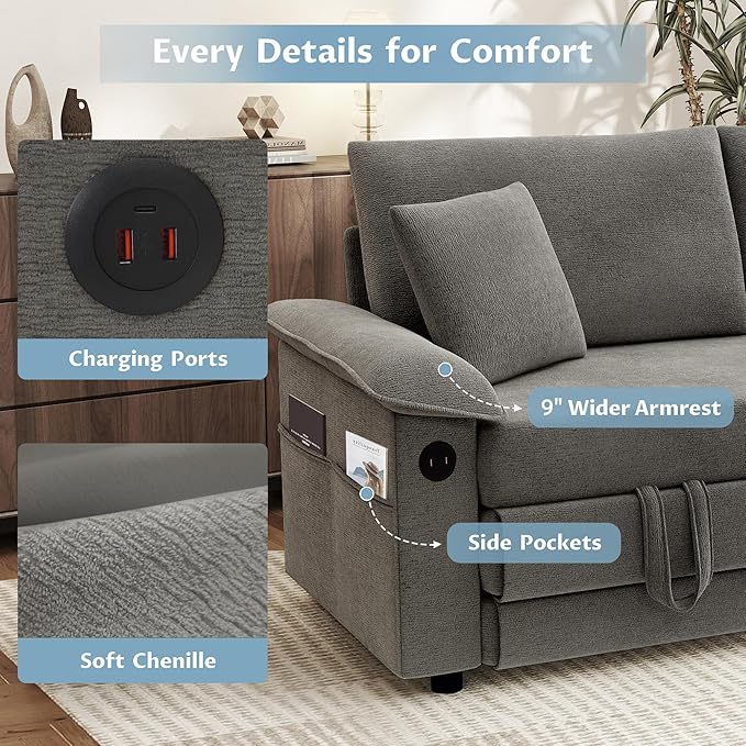 SUNWAVE Oversized Loveseat Sleeper Sofa 77 Convertible Sofa Bed 2-Seat Pull Out Couch w/USB Chenille Queen Folding Sofa Bed for Living Room Small Spaces Bedroom (Gray)