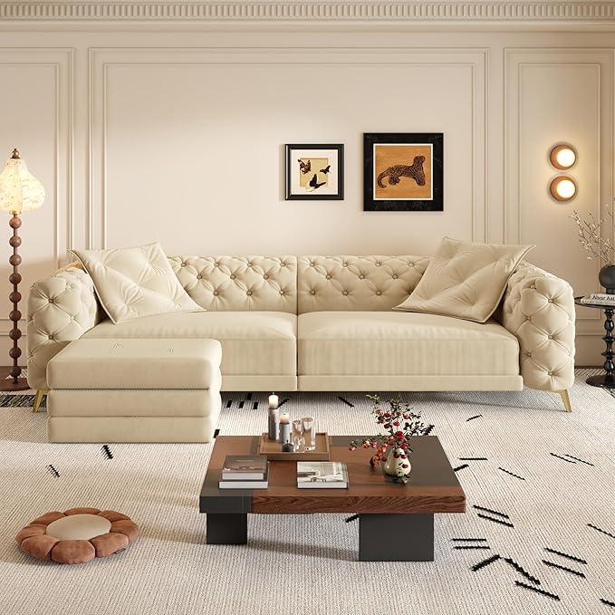 Ball &amp Cast 3-in-1 Convertible Sleeper Sofa with Movable Ottoman97.7 Velvet Pull Out Sofa Bed Modern Button Tufted 4-Seater Sofa Couch with Deep Seat for Living Room ApartmentOfficeApricot