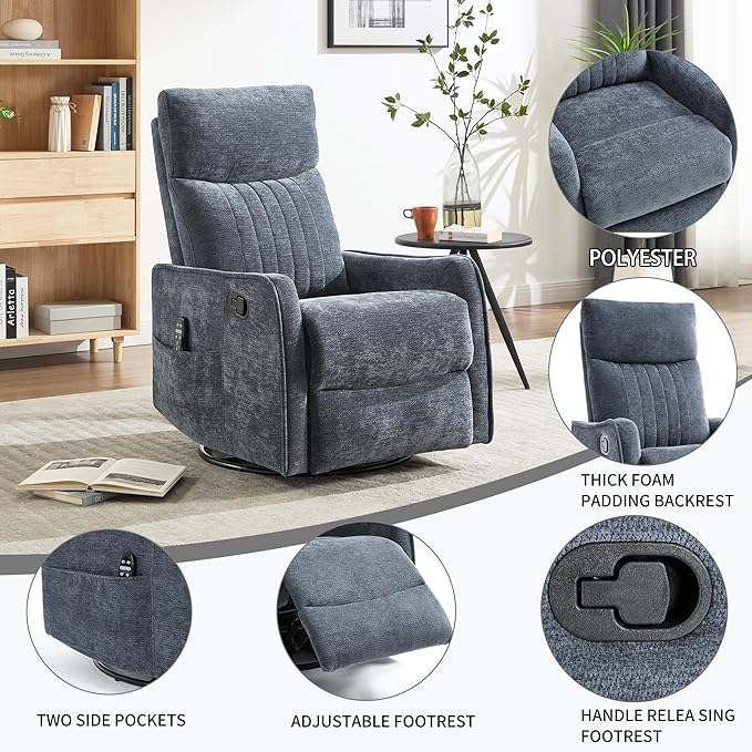 High Back Massage Recliner with Heat - Swivel Rocking Chair for Small Spaces Manual Lazy Boy Recliner for Adults Perfect for Living Room &amp Bedroom Soft Fabric (Blue)