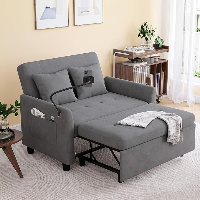 Sleeper Sofa Bed 3 in 1 Convertible Sleeper Couch Bed Pull Out Small Loveseat Sofa Futon Sofa Bed 46 Velvet Love Seat with Pillow and Phone Holder for Living Room Grey
