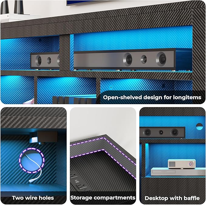 IRONCK TV Stand for 65 Inch TV Carbon Fiber Entertainment Center with 2 Drawers Charging Station &amp RGB LED Light Gaming Media Console for PS4 Bedroom Living Room Black