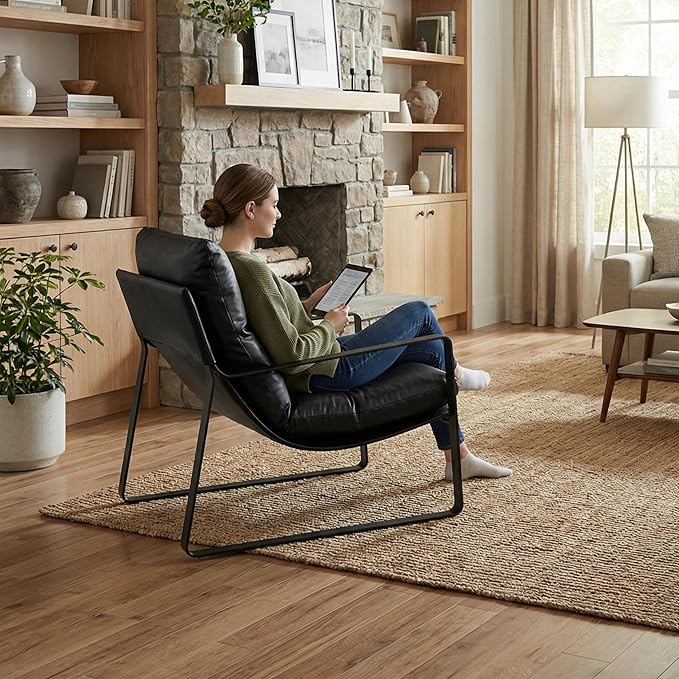 DUOMAY Mid-Century Accent Chair Armchair Comfy PU Leather Leisure Chair Lazy Chair with Metal Leg for Living Room Bedroom Office Apartment Black