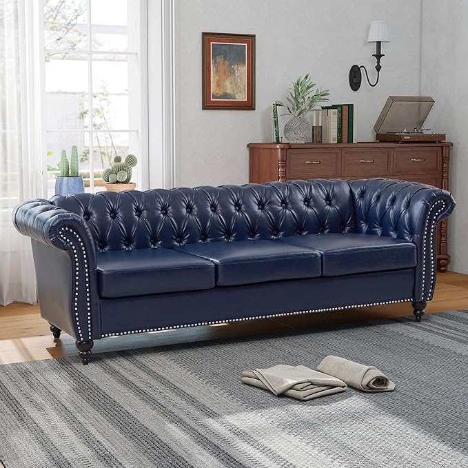 QHITTY Accent Large Sofa Chesterfield Couch 3 Seater Modern Leather Couch Upholstered Sofa with Tufted Back for Living Room Furniture (Blue)