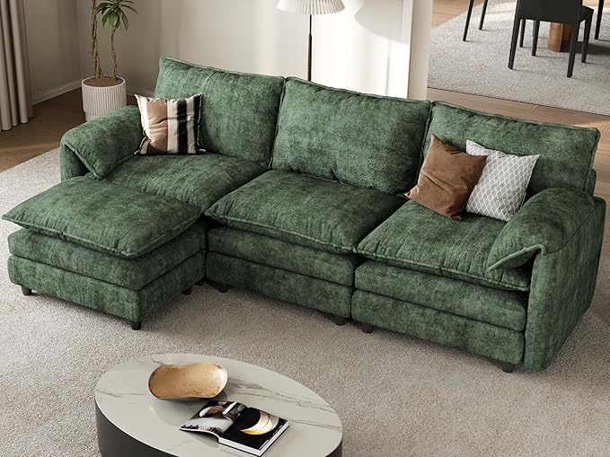 YITAHOME 108 Modular Sectional Sofa with Movable Ottoman Modern L Shaped Couch with Pillow-Armrest Velvet 4 Deep Seat Cloud Couch for Living Room Apartment Office Green
