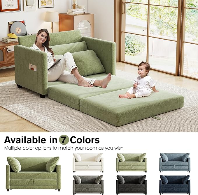 51 Loveseat Sleeper Sofa Bed Chenille Convertible Floor Sofa Bed for Small Spaces Folding Couch Bed with Deep Seat 2 Pillows &amp Solid Frame Pull Out Floor Couch for Living Room Green