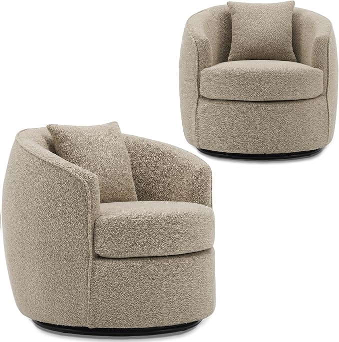 Swivel Barrel Chairs 32 Inches Wide No Assembly Round Upholstered Armchairs Accent Chairs Single Sofa Chair for Living Room (Light Brown Set of 2)