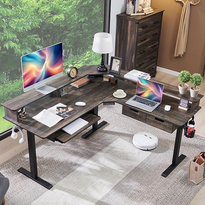 RedLemon L-Shaped Electric Standing Desk 60 inches Motor Height Adjustable Sit Stand Corner Desk with Led Large Home Office Desk Computer Workstation Dark Rustic Oak